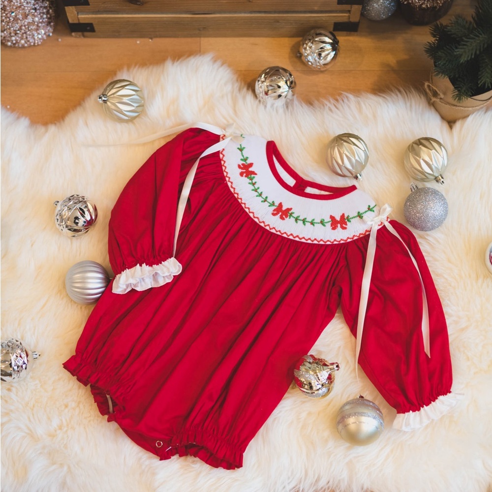 Smocked Baby Bubble - Holly Jolly Christmas - Yellow Rose Kids